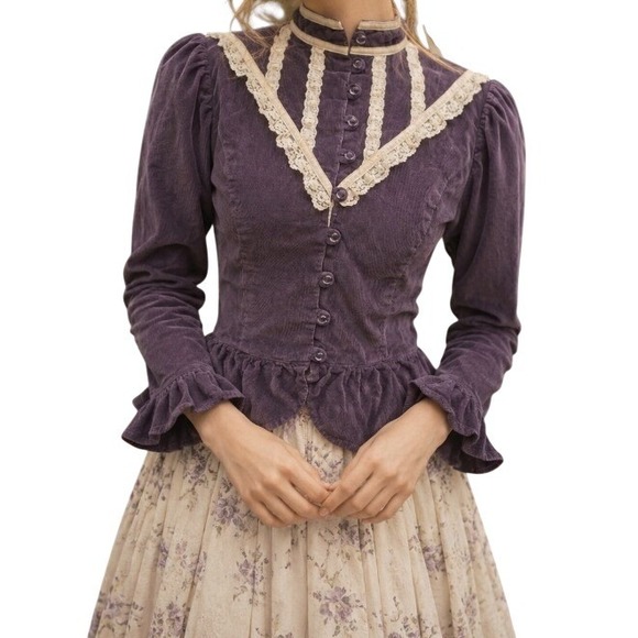 Vintage Tops - Vintage Corduroy Victorian Peplum Blouse Lace High Neck Ruffle Purple Western